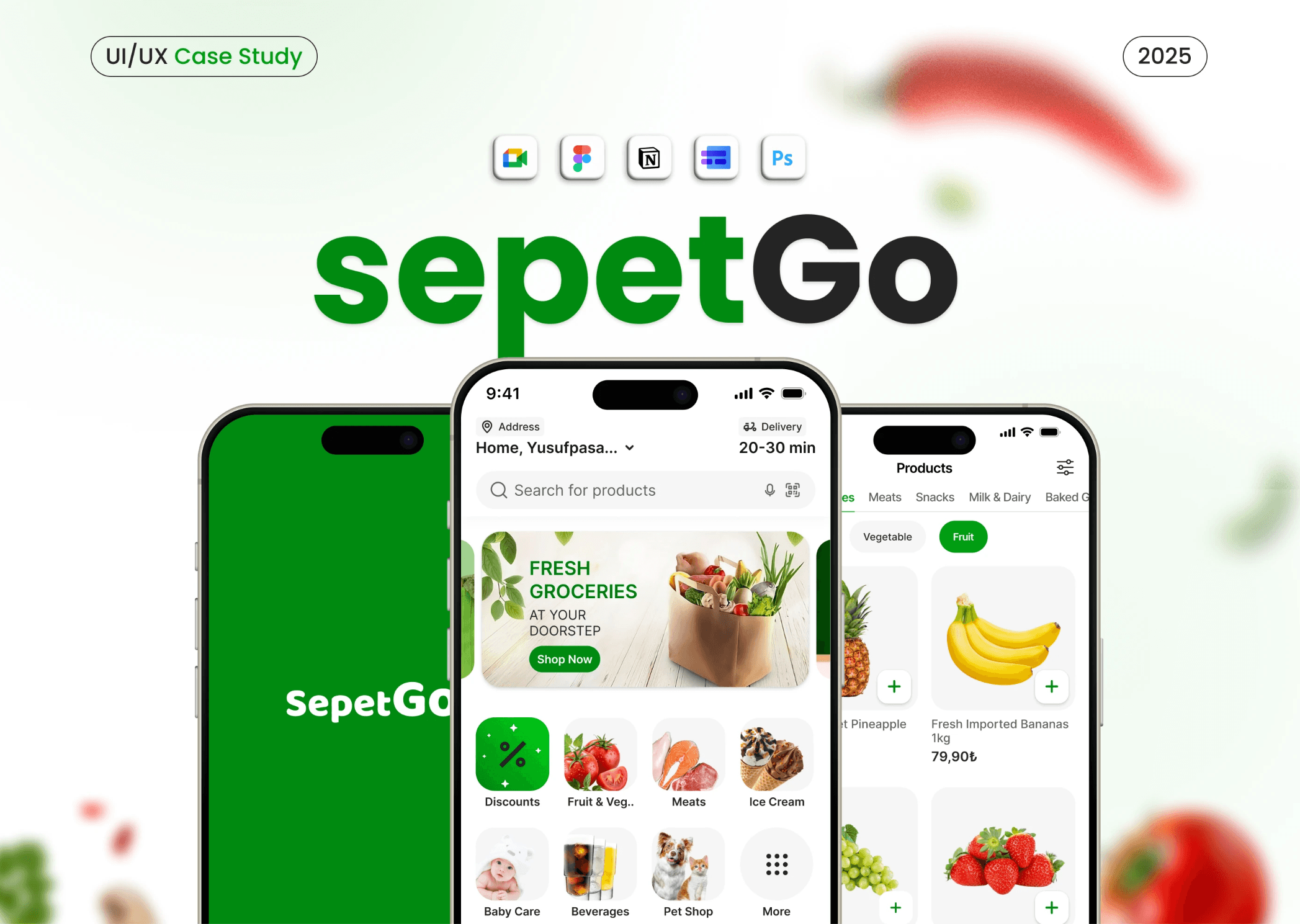 "واجهة تطبيق sepetGo للتسوق الإلكتروني، تُظهر ثلاث شاشات لهواتف ذكية تعرض منتجات غذائية وخضروات وفواكه طازجة، مع تصميم عصري وخلفية مليئة بعناصر طعام طبيعية