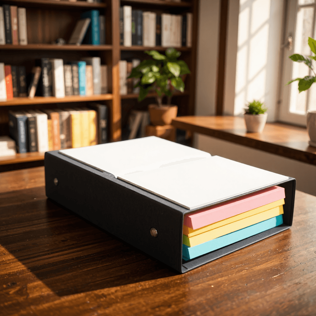 product photography of a folder with notepads and sticky notes