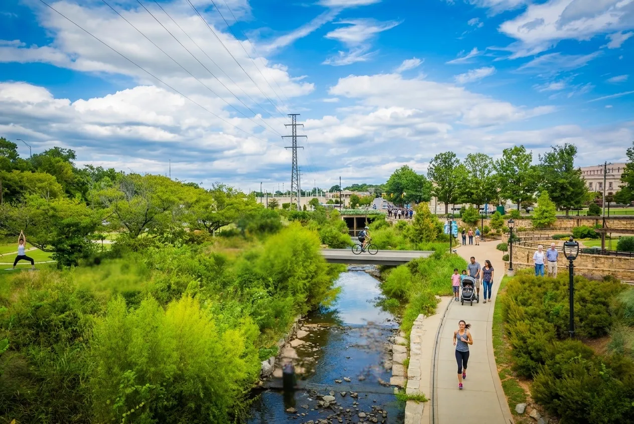 Individuals walk beside a river in a park, enjoying the natural scenery and fresh air.