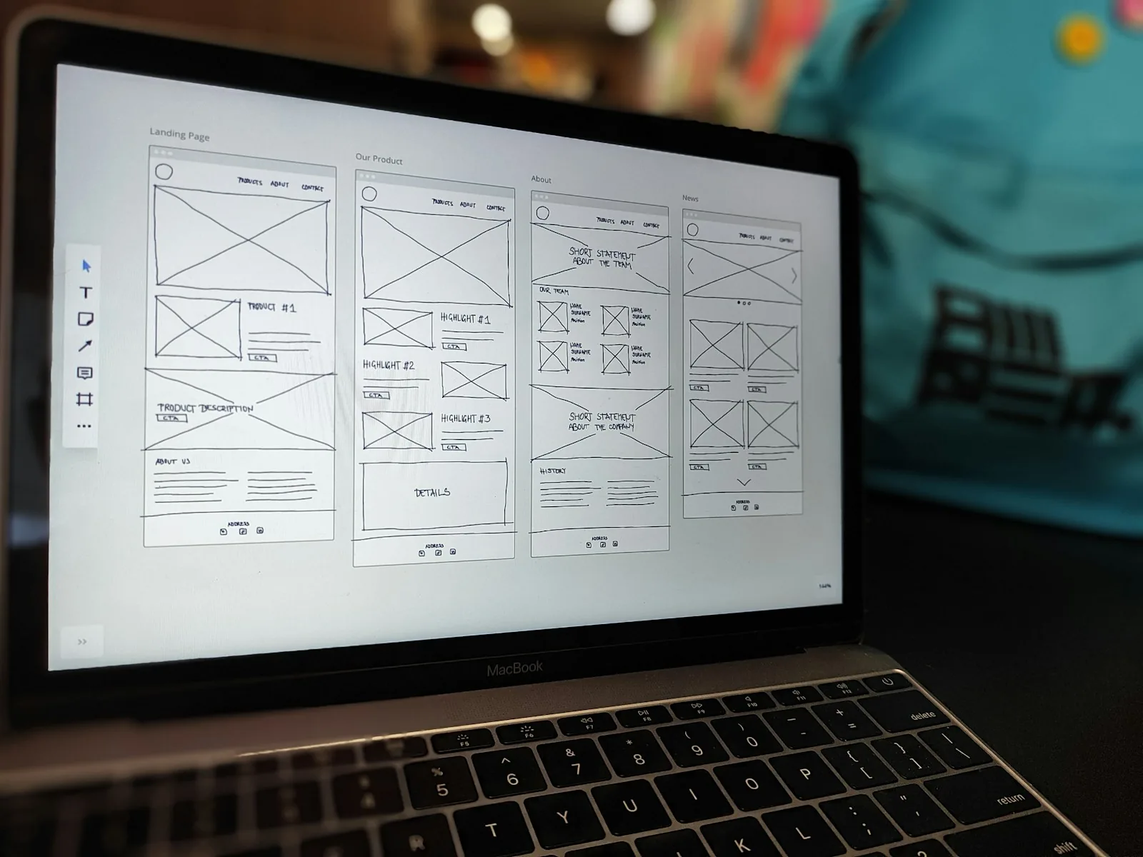 Laptop screen showing hand-drawn wireframes for a landing page, product, about and news screens, with boxes marking where images and text blocks go
