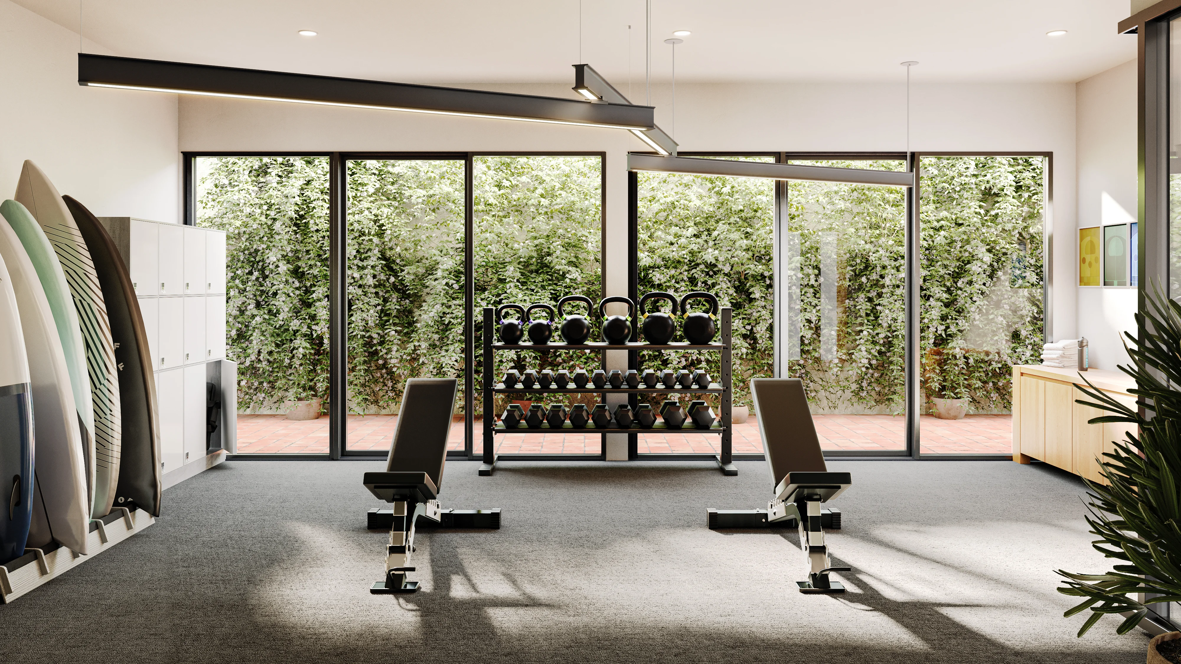 Malibu Suite fitness room interior with garden view