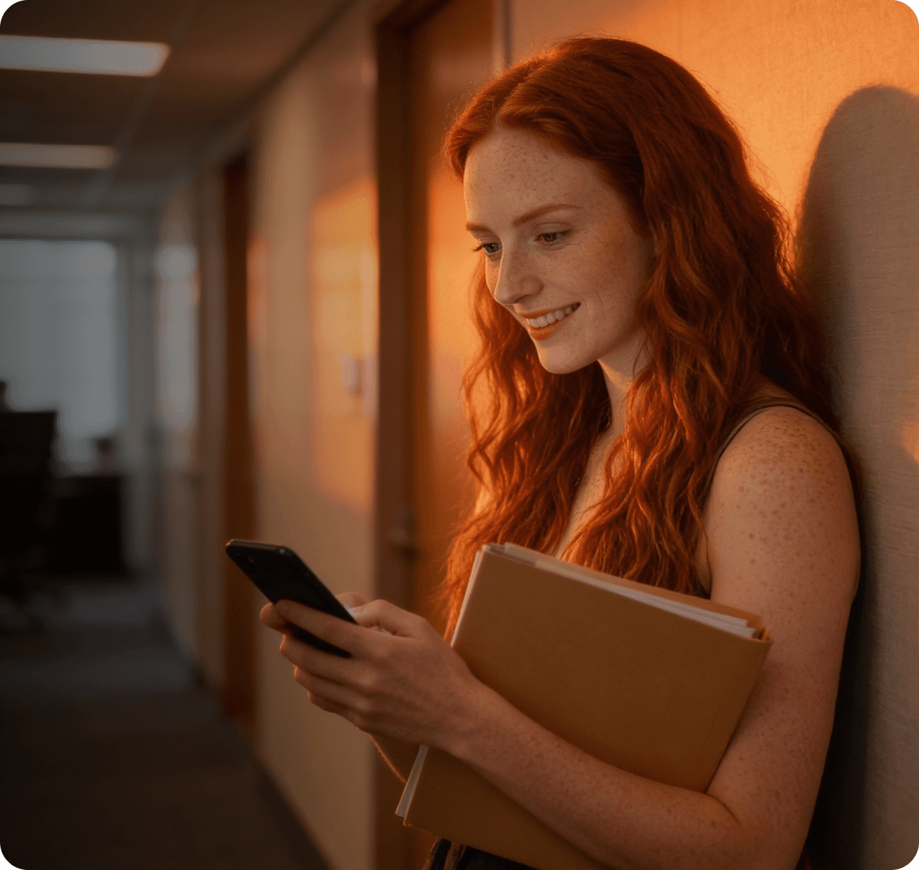 Femme souriant devant son téléphone