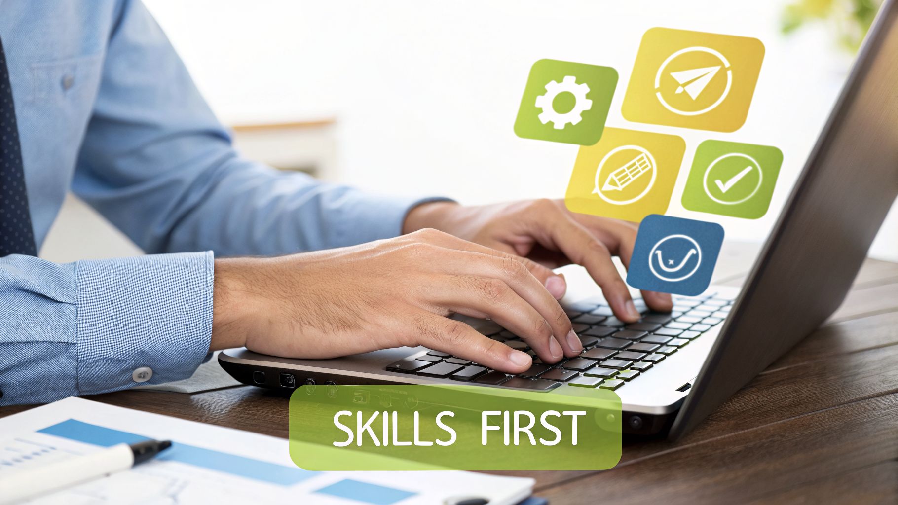 Person typing on a laptop with skill icons floating above and a 'SKILLS FIRST' banner.