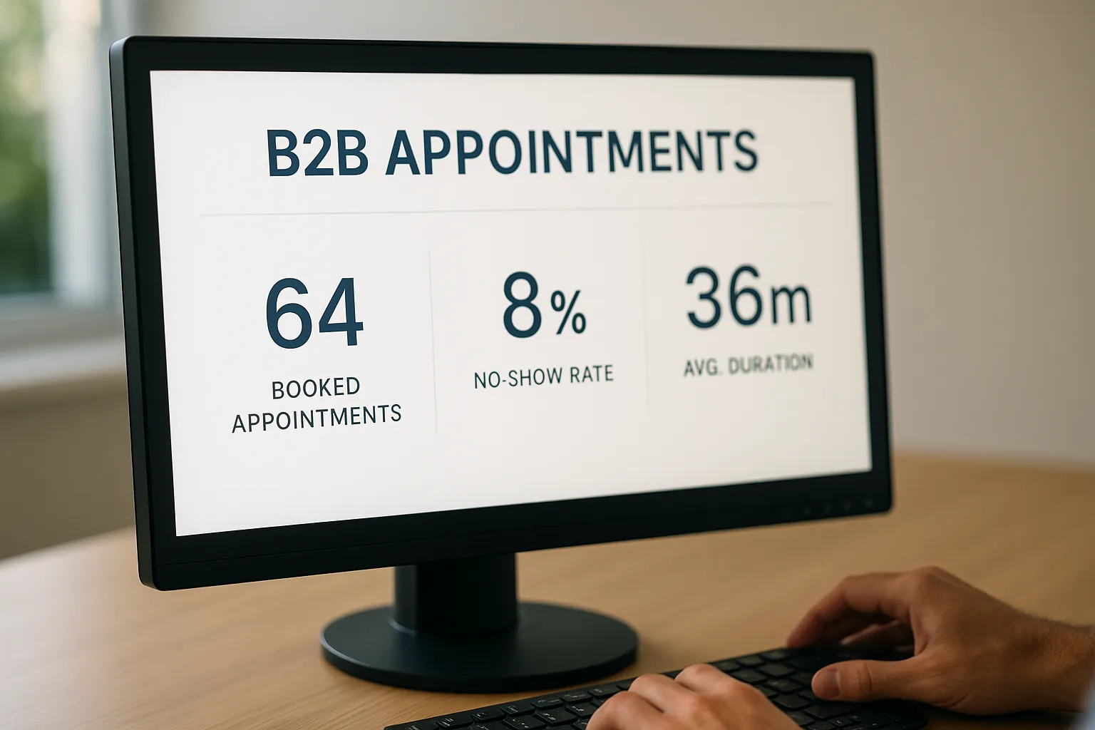 Close-up van een dashboard dat realtime het aantal geboekte B2B-afspraken, de no-showrate en de gemiddelde doorlooptijd toont.