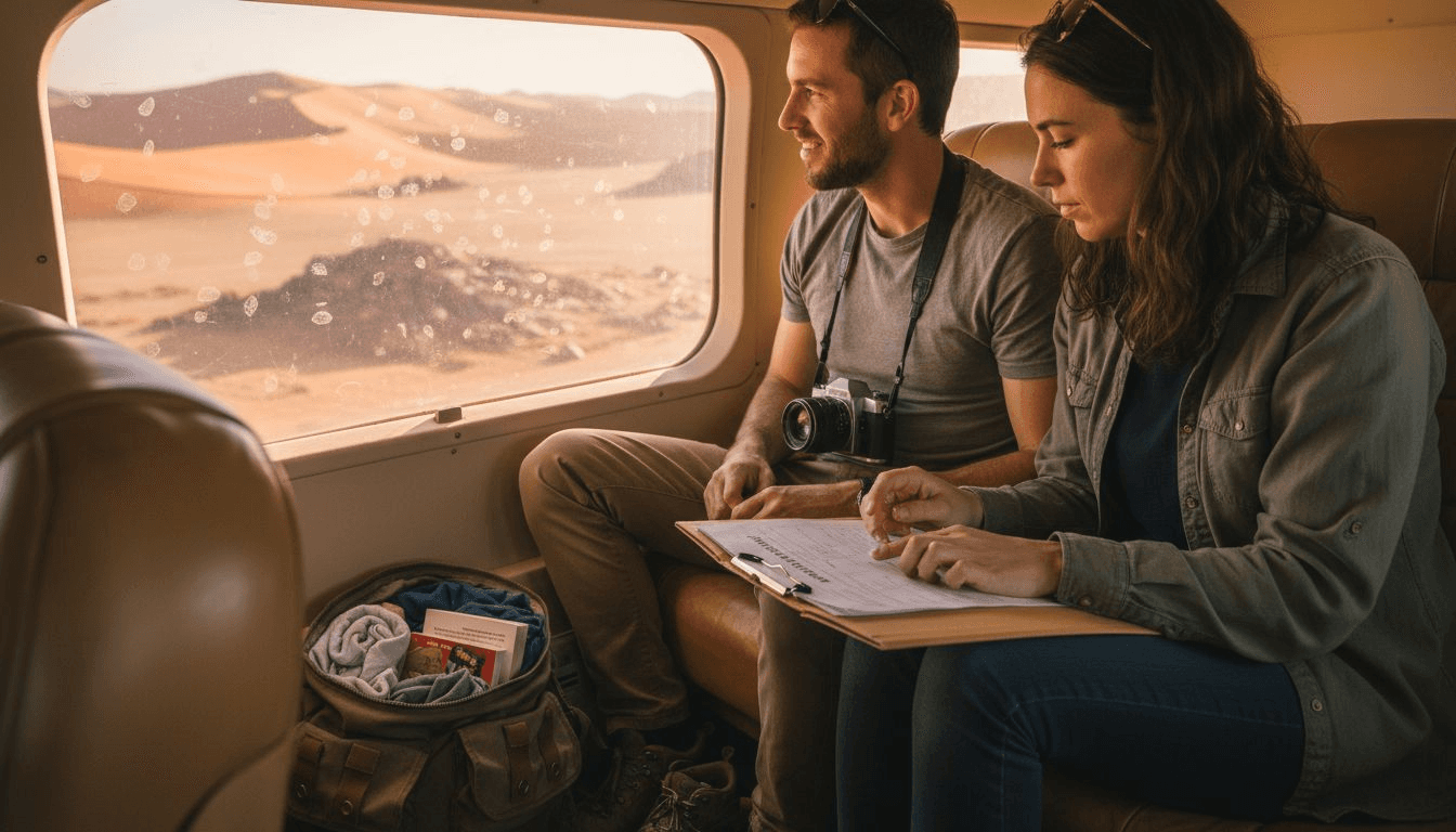 Viajeros a bordo de una avioneta durante un safari aéreo
