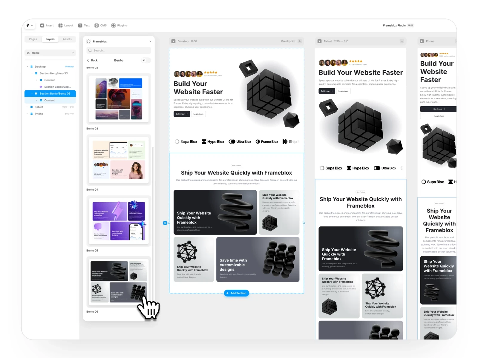 Framer UI kit Frameblox Plugin - Add prebuilt sections from the Frameblox Plugin to my Framer project.