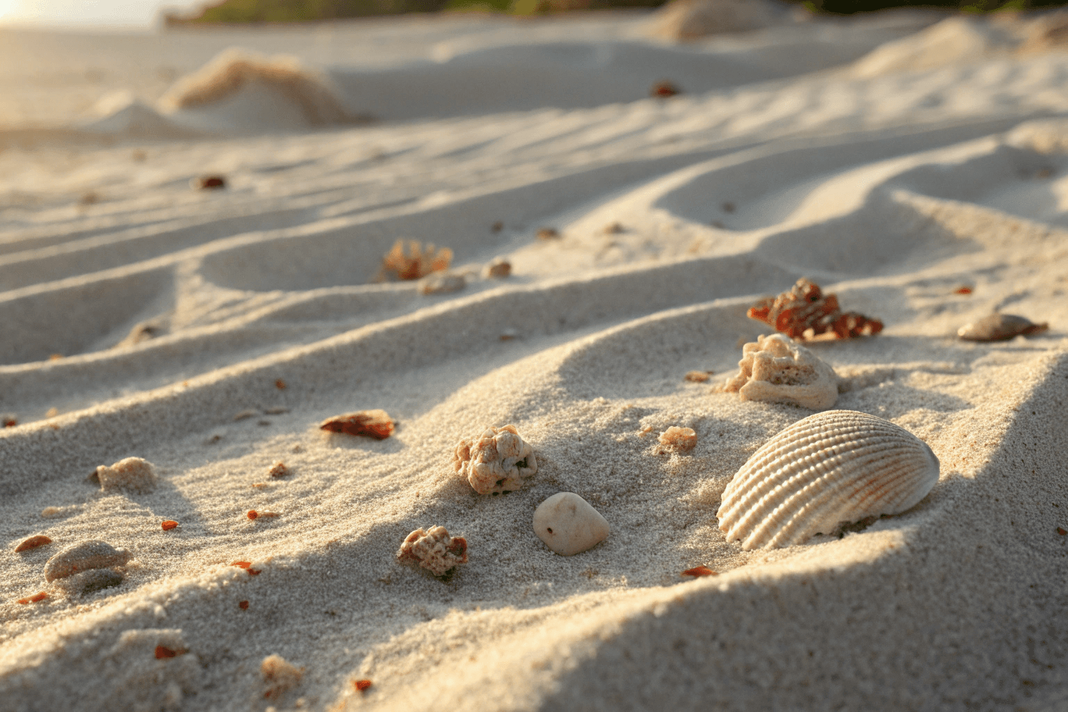 Close-up of fine ivory-toned sand with soft ripples formed by the breeze, scattered with tiny coral fragments and a single delicate seashell.