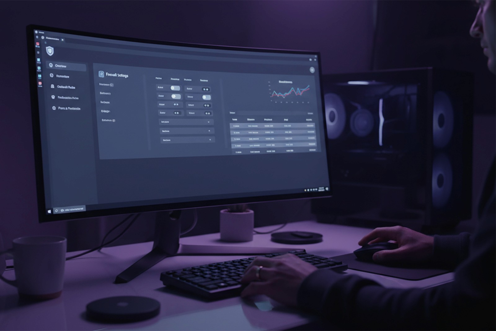 Dashboard mit Sicherheitseinstellungen und Monitoring am Desktop