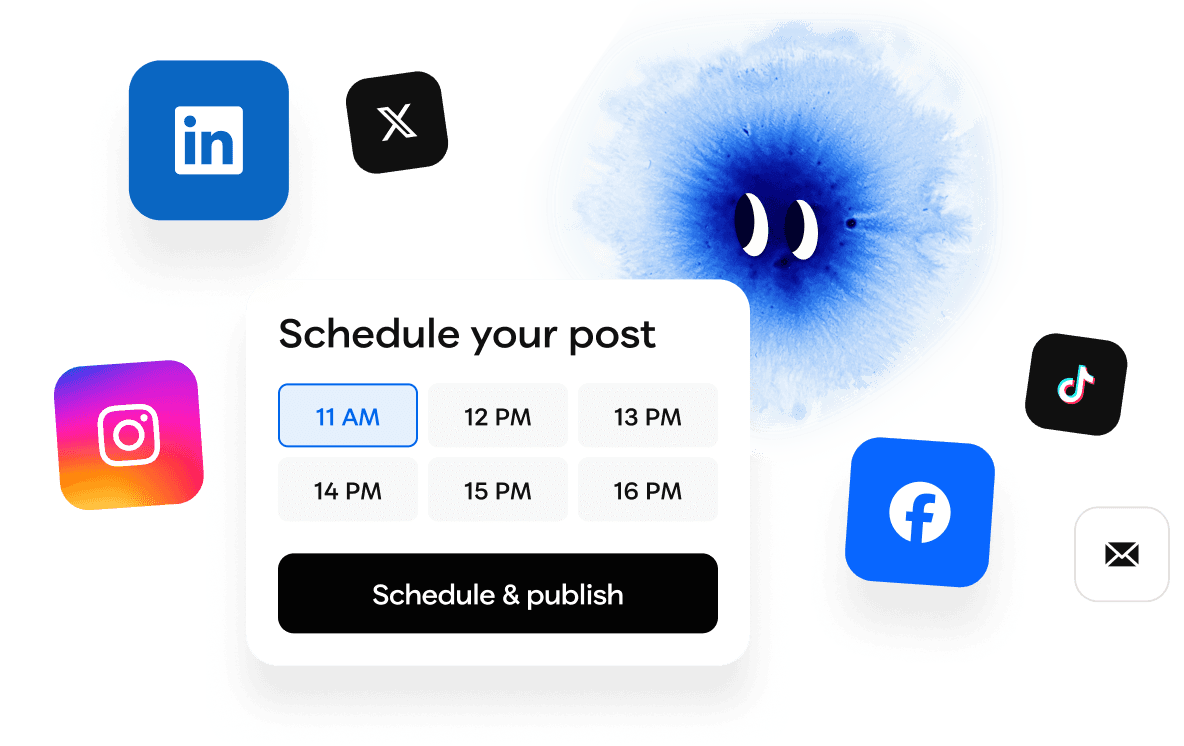 Graphic showing various app icons and a central panel with options to customize scheduling or settings.
