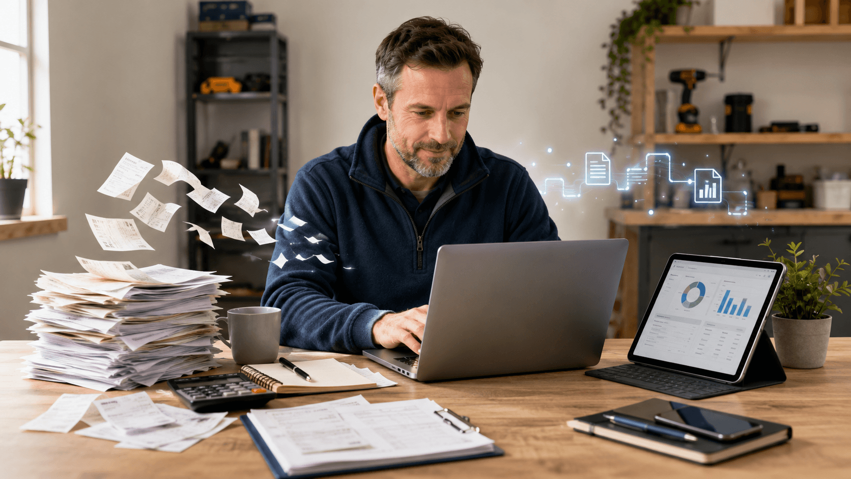 Sole trader moving paper receipts to digital tax records on a laptop