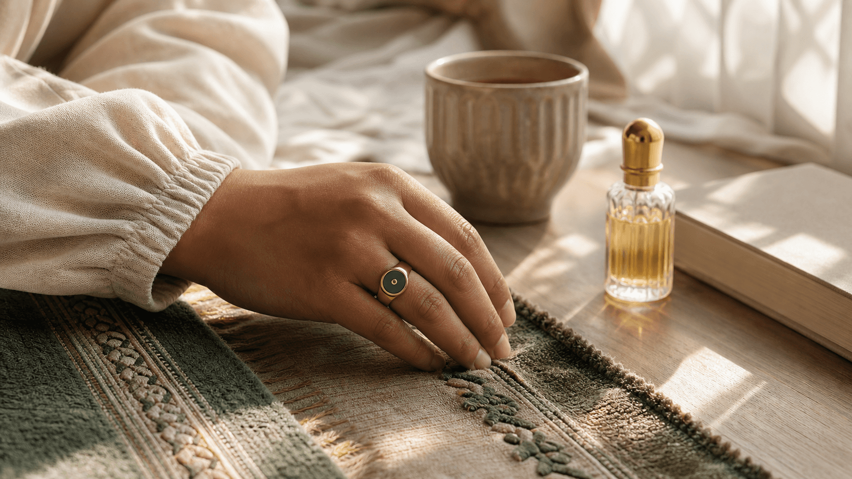 An Eid present that lasts: a hand wears a smart dhikr ring on a prayer mat beside attar in warm light