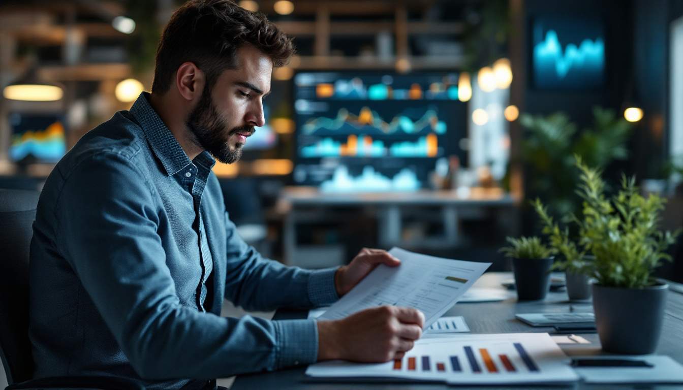 a photograph of a business professional analyzing financial graphs and charts in a modern office setting, emphasizing the concept of turnover and its impact on company performance, photographic, realistic, for a startup's blog, low saturation, life-like realistic soft lighting 4k sigma 50mm f2.8