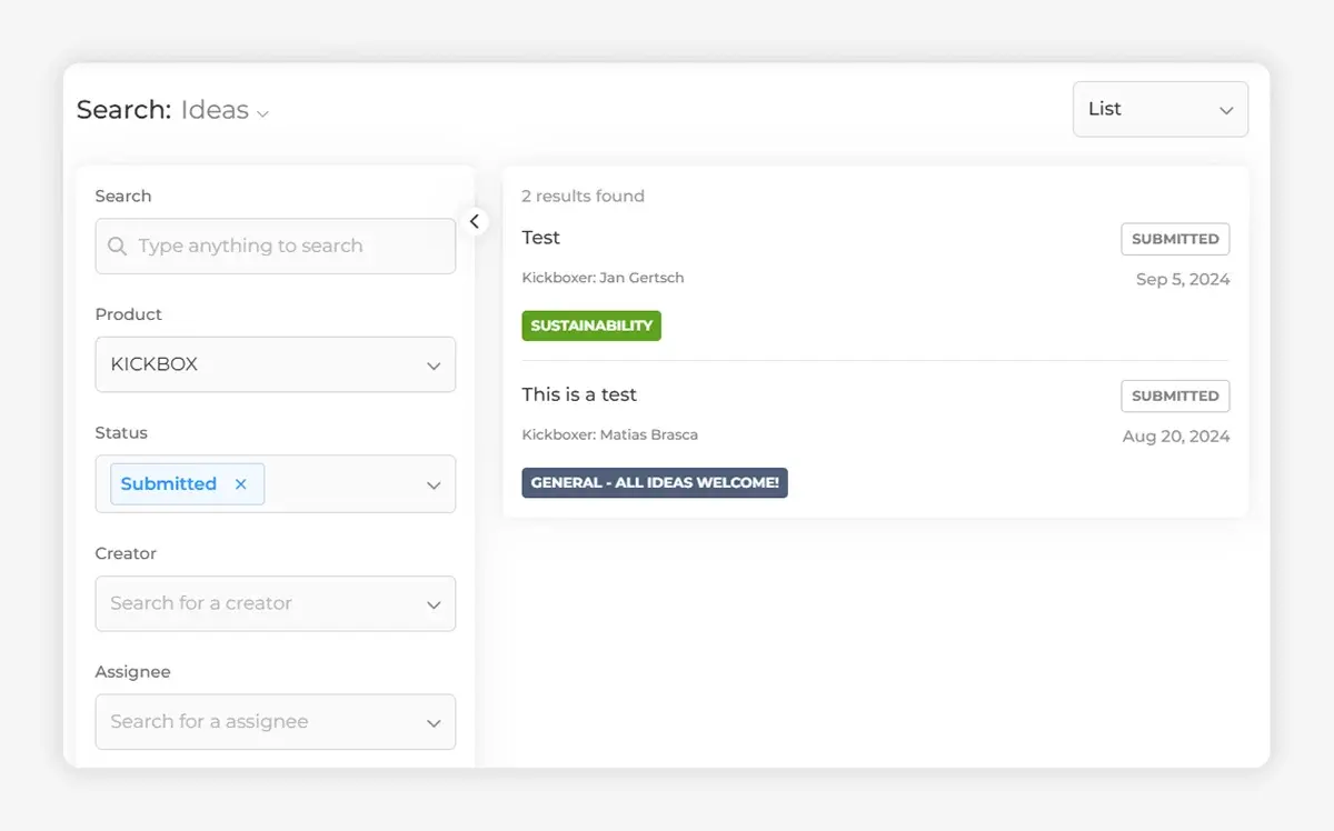 Screenshot of an idea search page showing submitted ideas with filters for product, status, creator, and assignee.