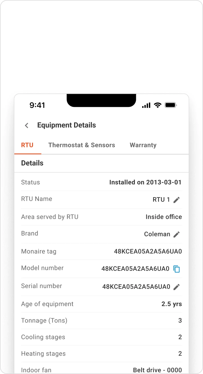 Enriched HVAC equipment details panel showing model, serial number, and installation date