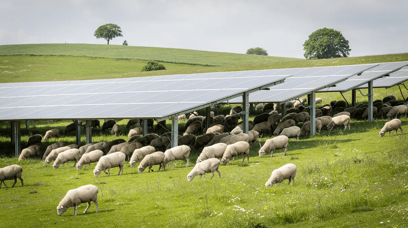 Un troupeau de moutons paît paisiblement sous des panneaux solaires surélevés, intégrés dans un paysage rural verdoyant, illustrant l'agrivoltaïsme et la transition énergétique. Cette installation de panneaux photovoltaïques permet de concilier production agricole et énergies renouvelables, tout en offrant un espace sécurisé pour le pâturage.