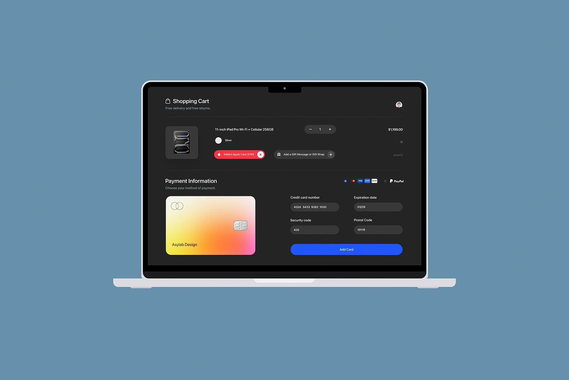 MacBook Air mockup displaying a dark mode dashboard user interface.
