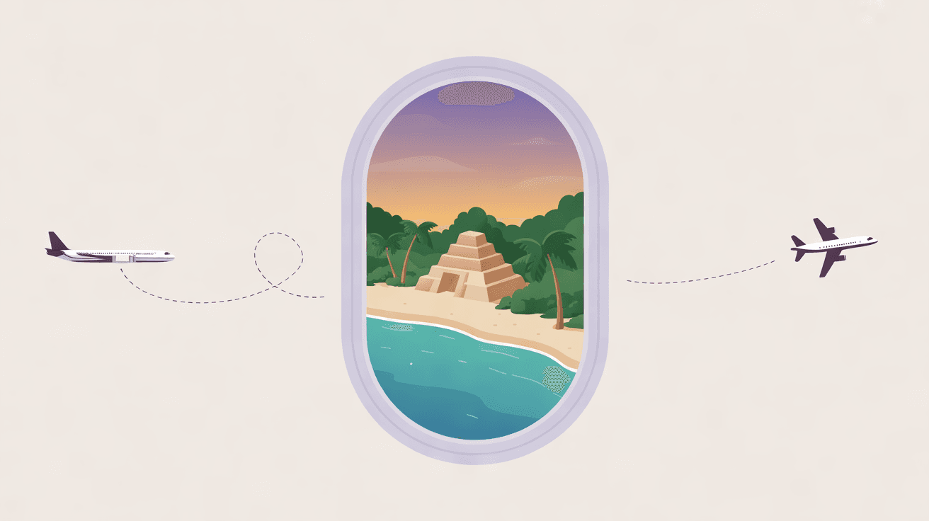 View through an aeroplane window of a Mexican beach with palms and a stepped pyramid at dusk