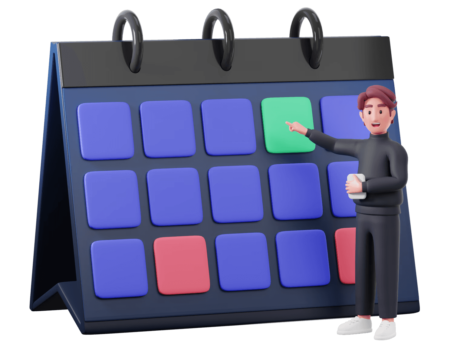 דמות תלת־ממד עומדת ליד לוח שנה שולחני ומסמנת יום בירוק, מסמלת תכנון פרויקטים ותזמון מדויק