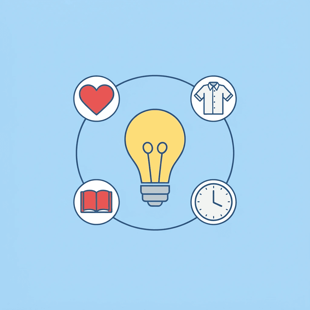 Network diagram showing four design inspiration sources (interests, quotes, jokes, milestones) connected to the central birthday shirt design concept - 20th Birthday Ideas
