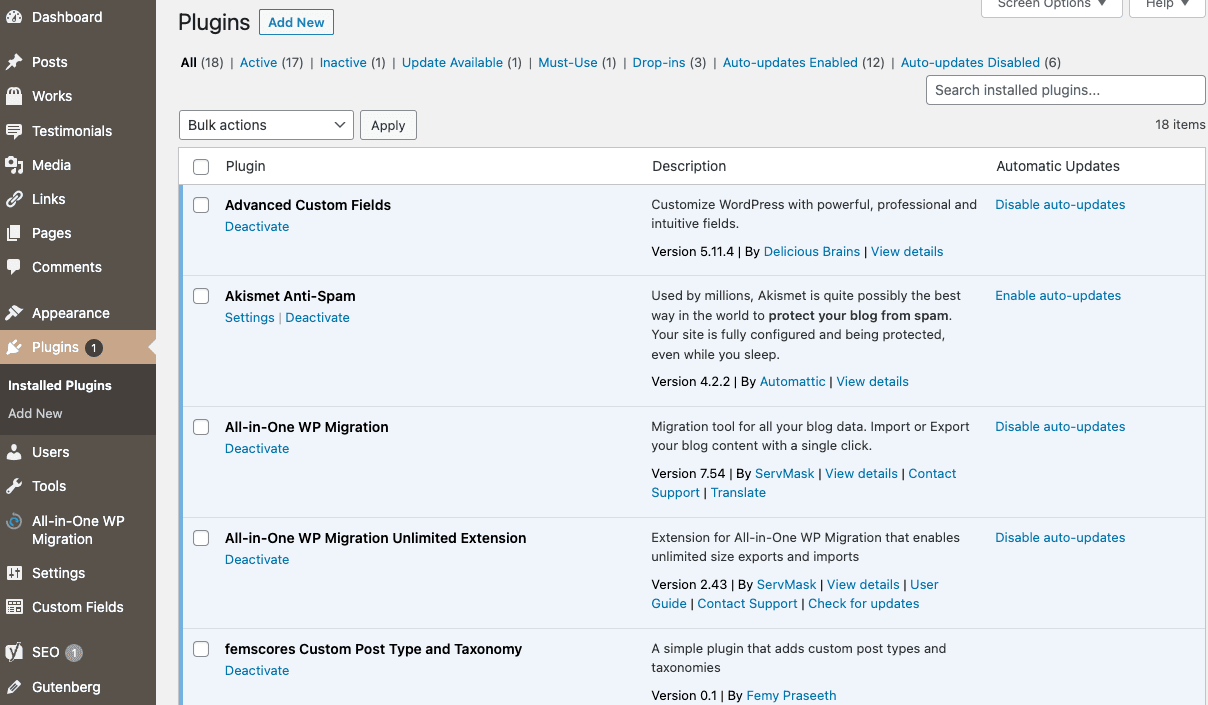 View of the WordPress backend with various plugins