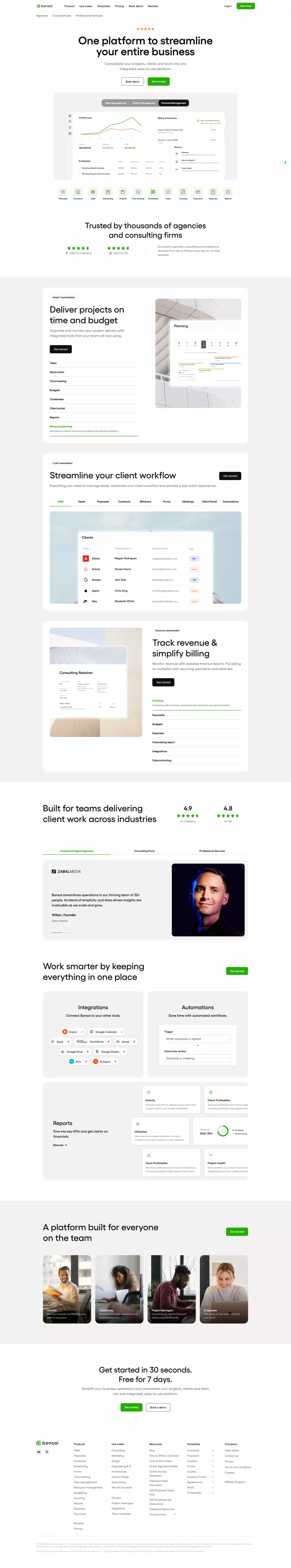 Bonsai - Business management software landing page screenshot showcasing Tech design