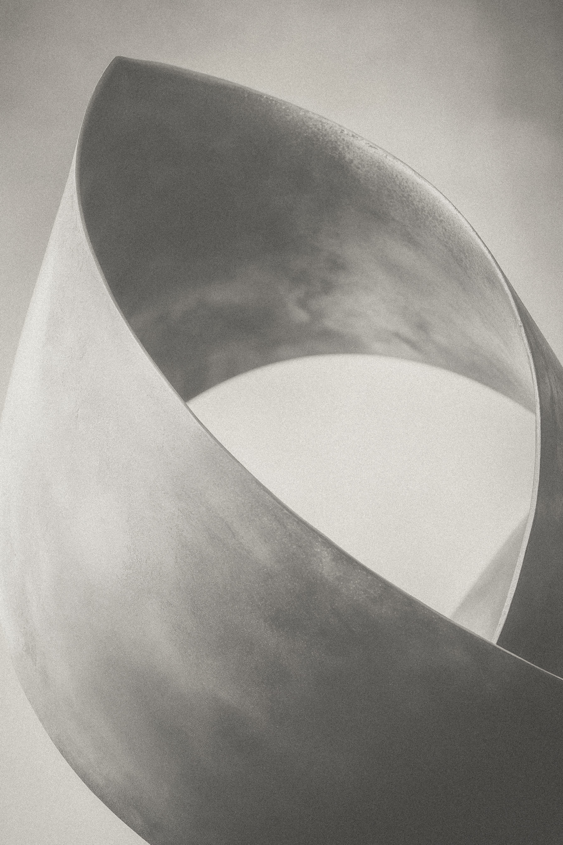 An abstract metal sculpture features two sweeping curves that intertwine, creating a dynamic sense of movement. The surface is a textured blend of dark and light tones, reflecting light softly. The background is softly blurred, enhancing the sculpture's elegant form.