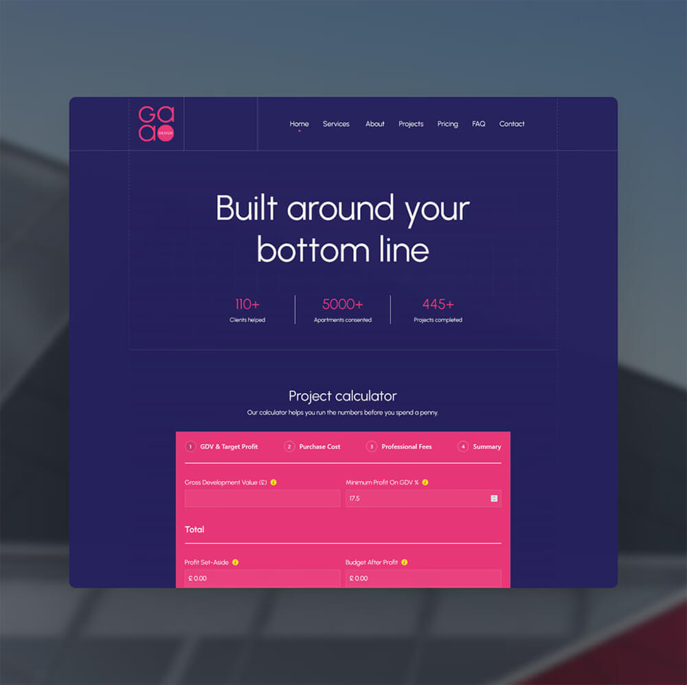 GAA Website homepage showcasing a project calculator, with the tagline "Built around your bottom line".