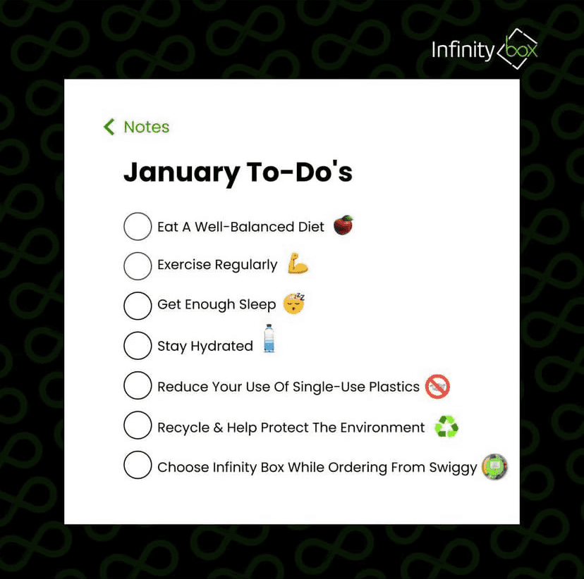 Checklist of January to-do's on a phone screen, promoting Infinity Box's organizational tools.