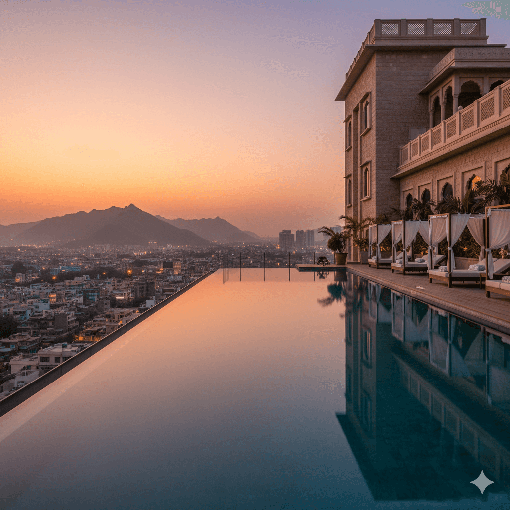 Luxury rooftop infinity pool and sun deck with Aravalli Hill views at M3M, Jaipur