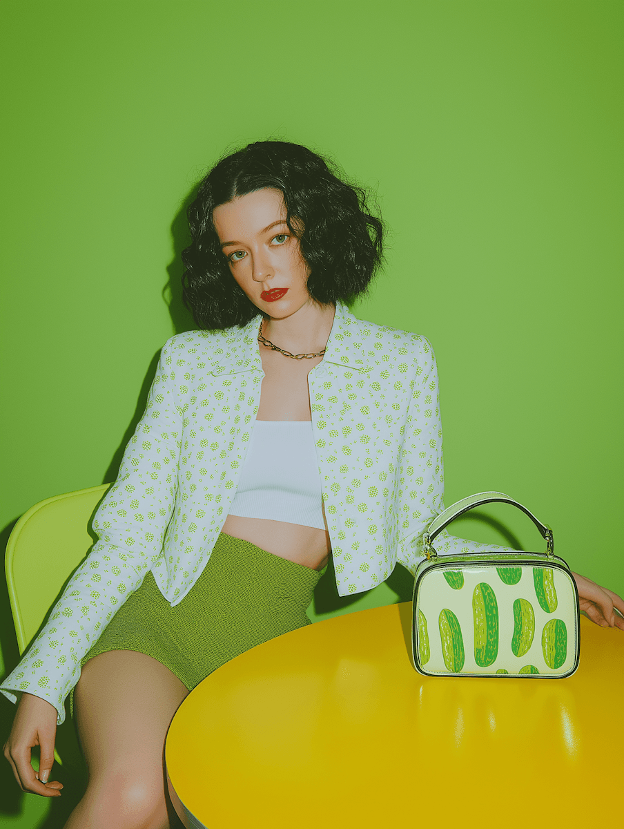 Woman in green and white outfit posing by a yellow table with a patterned handbag against a lime-green background.