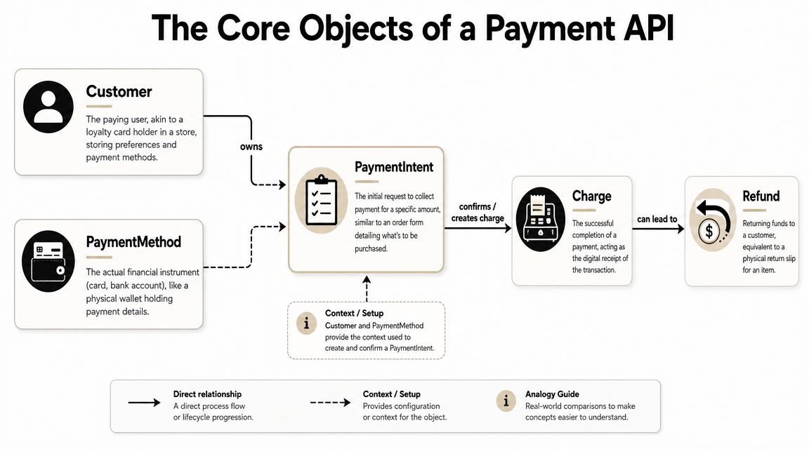 A diagram illustrating the core objects of a payment API including customer, payment method, intent, charge, and refund.