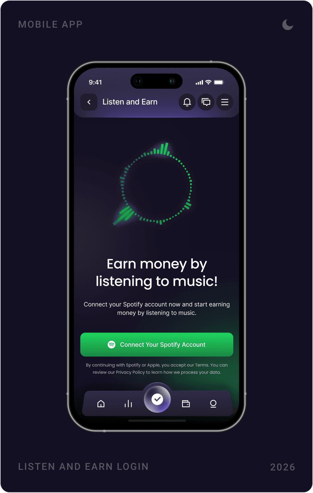 Professional Listen & Earn Connection Screen Design
