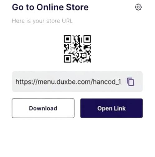 Online store portal in an ERP system showing a store URL, QR code, and download options