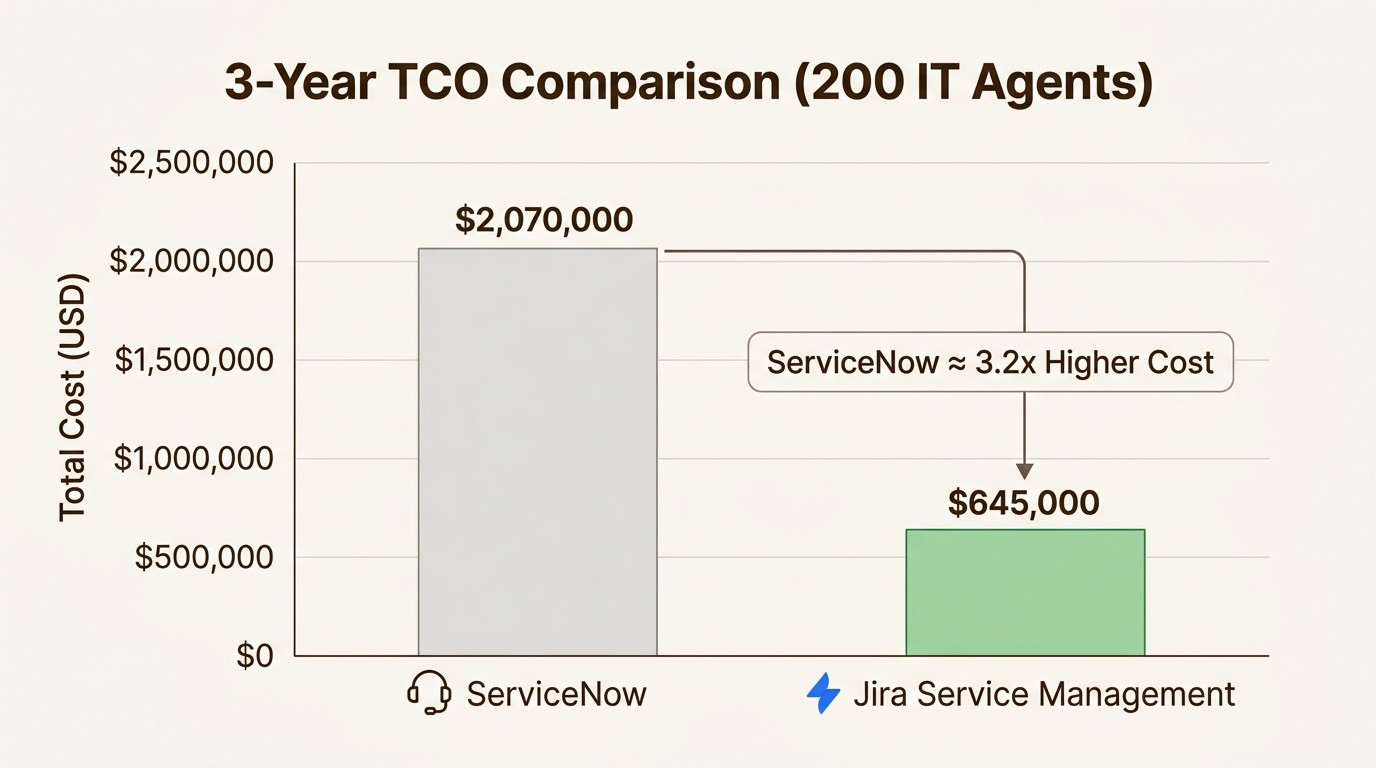 For small IT teams, ServiceNow's 3-year Total Cost of Ownership is over three times higher than Jira Service Management, highlighting a significant budget disparity.