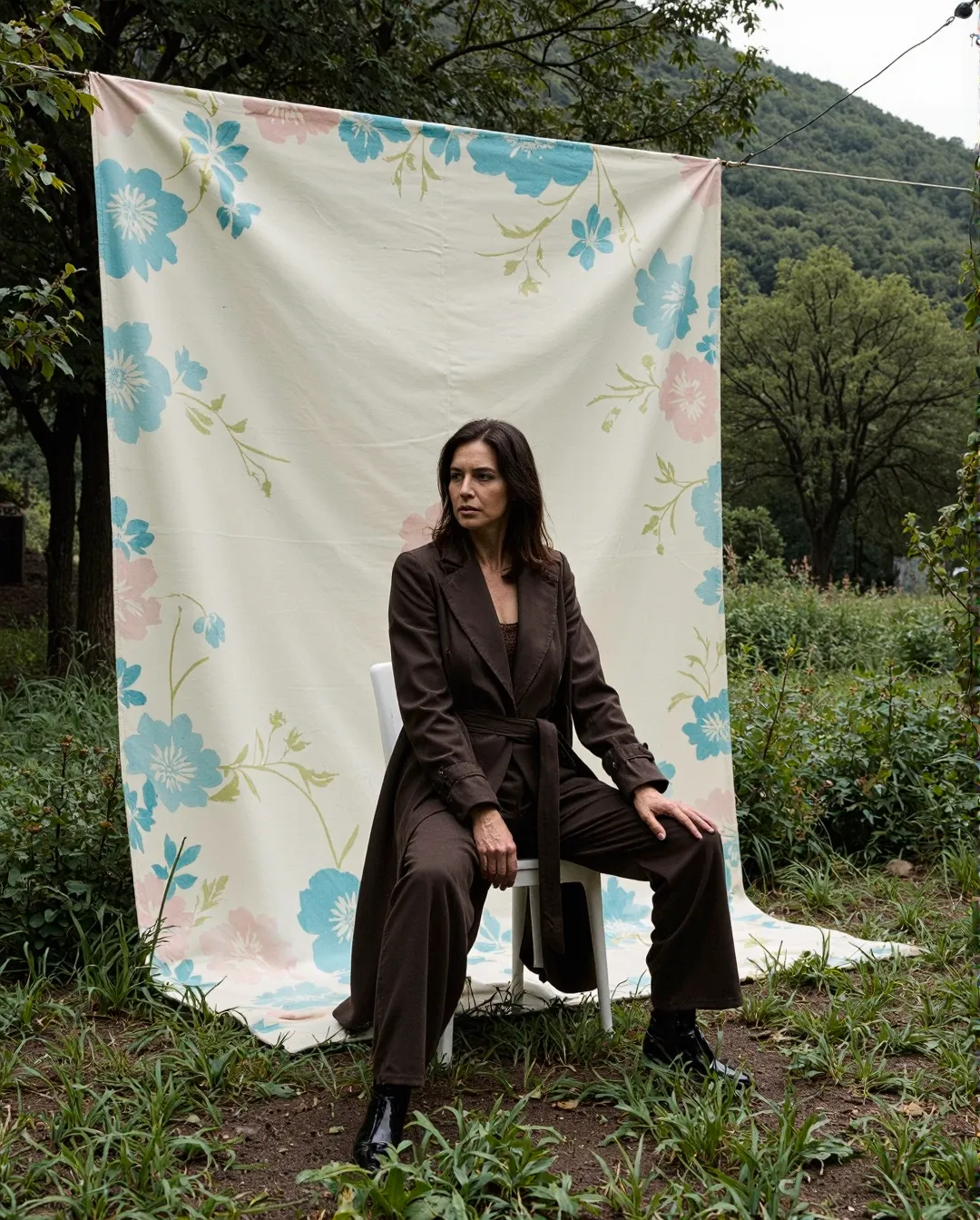 Brown pantsuit portrait against floral backdrop, outdoor fashion photography setup with natural mountainous landscape in background