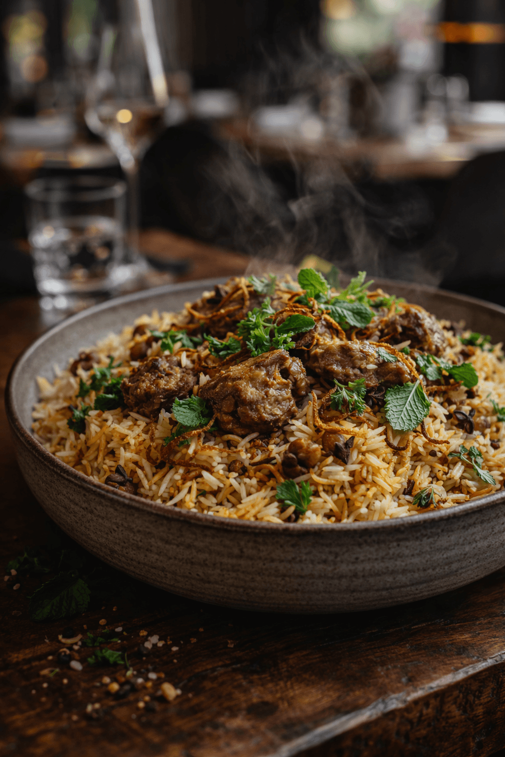 A cluttered dining table with plates, glasses, and food remnants, illuminated by soft, warm lighting.