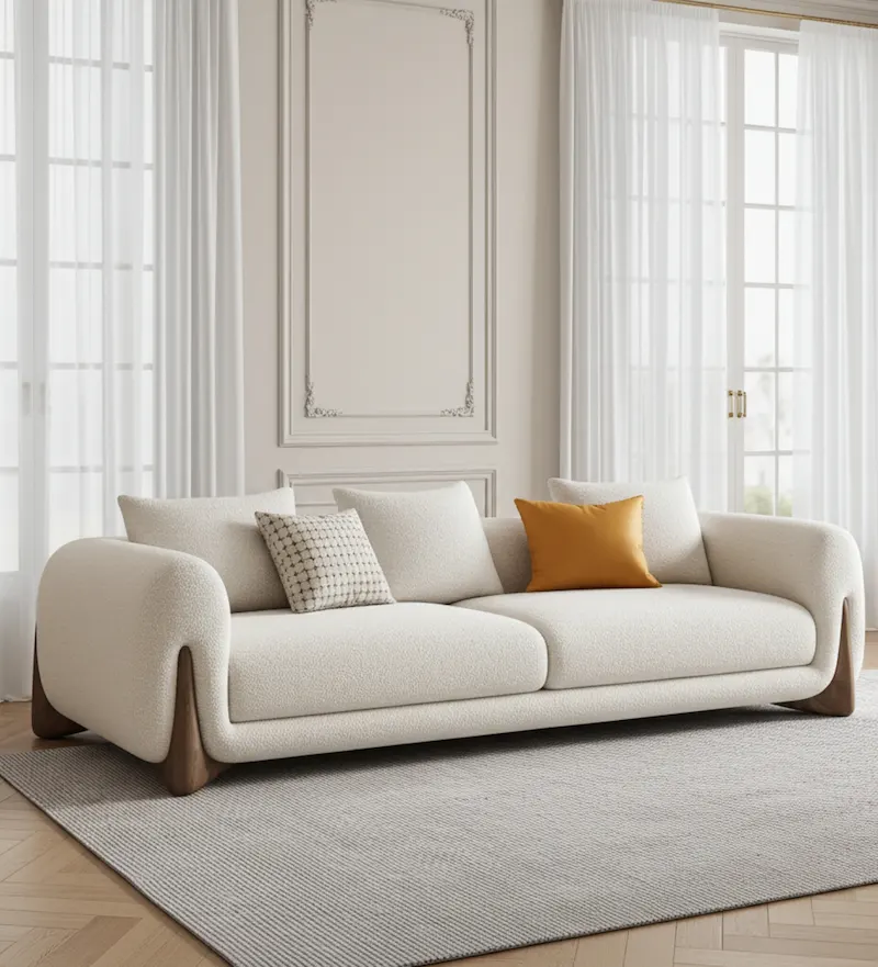Elegant contemporary fabric sofa with curved arms and wooden base