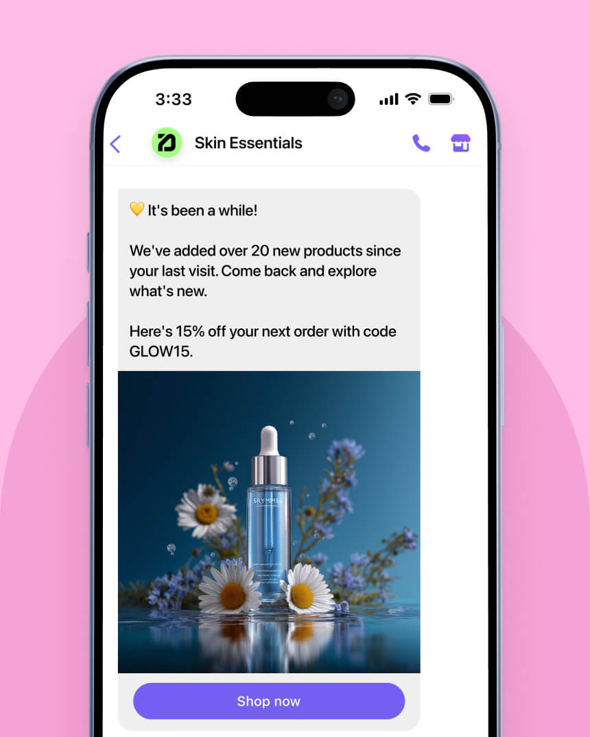 Viber messaging campaign showcasing a personalized message that aims to help a fashion e-commerce store recover abandoned carts.