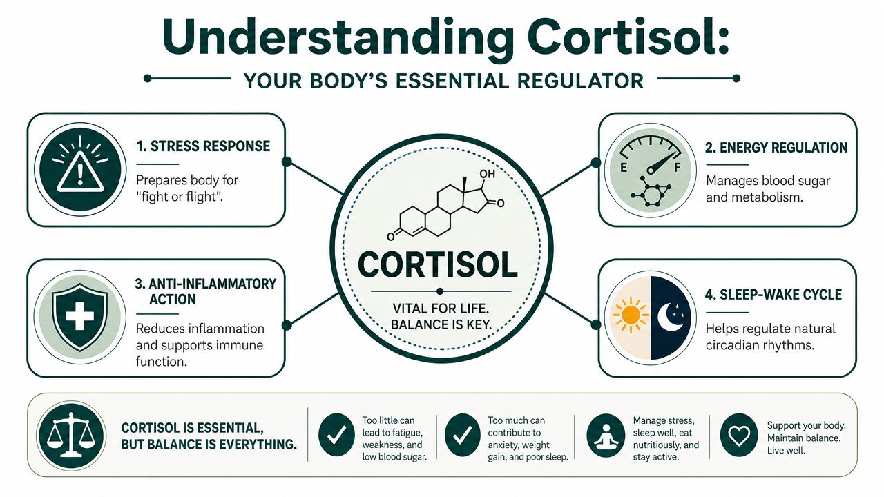An infographic titled Understanding Cortisol detailing its essential roles in stress, metabolism, immunity, and sleep-wake cycles.