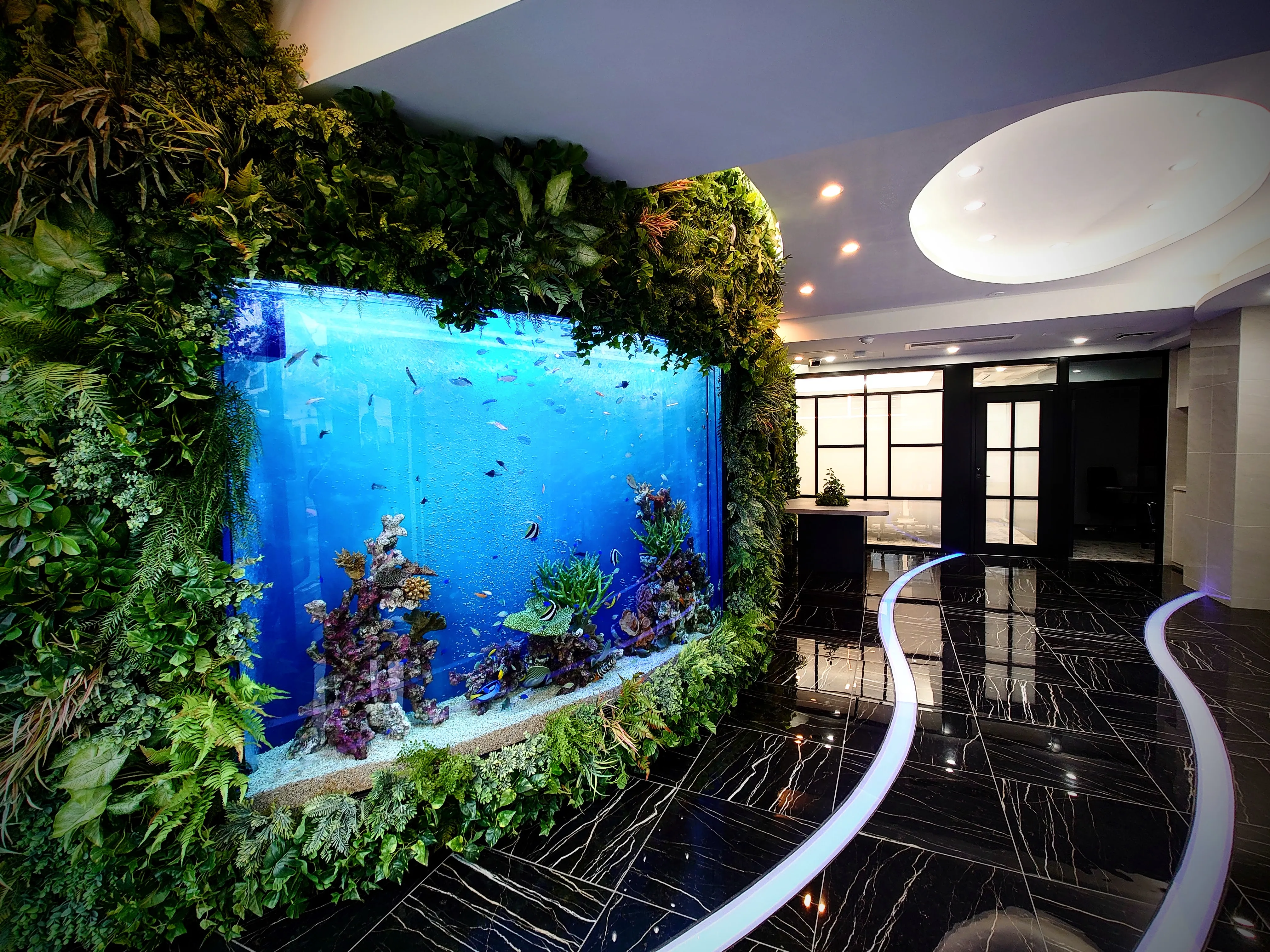 オフィス空間に設置された大型海水アクアリウムのレイアウト例