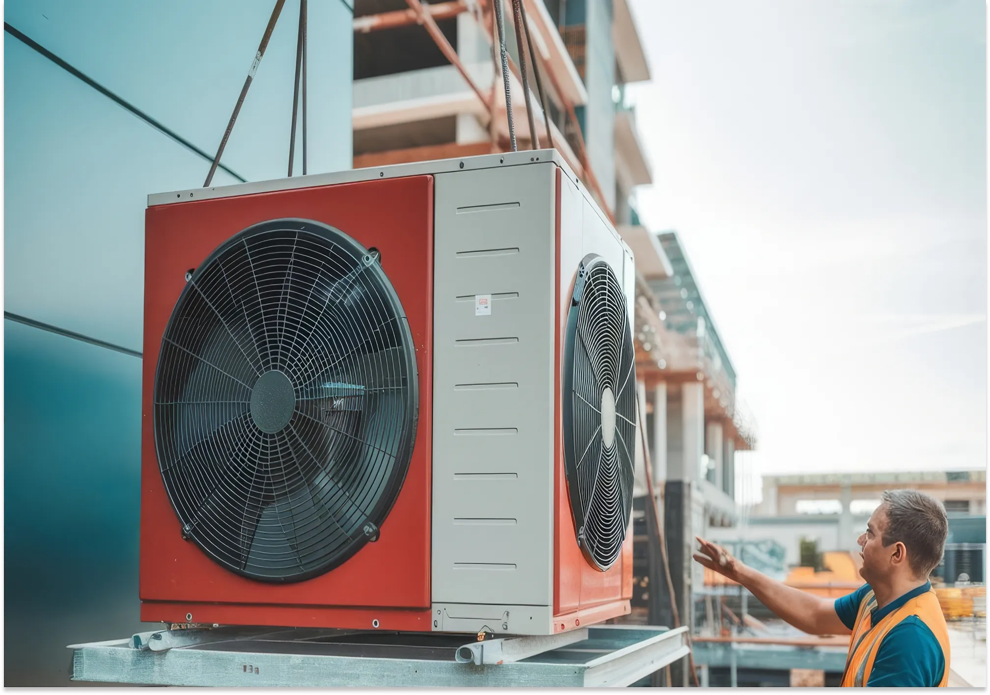 Large red and white industrial commercial HVAC condenser unit being hoisted by a crane onto a building rooftop.