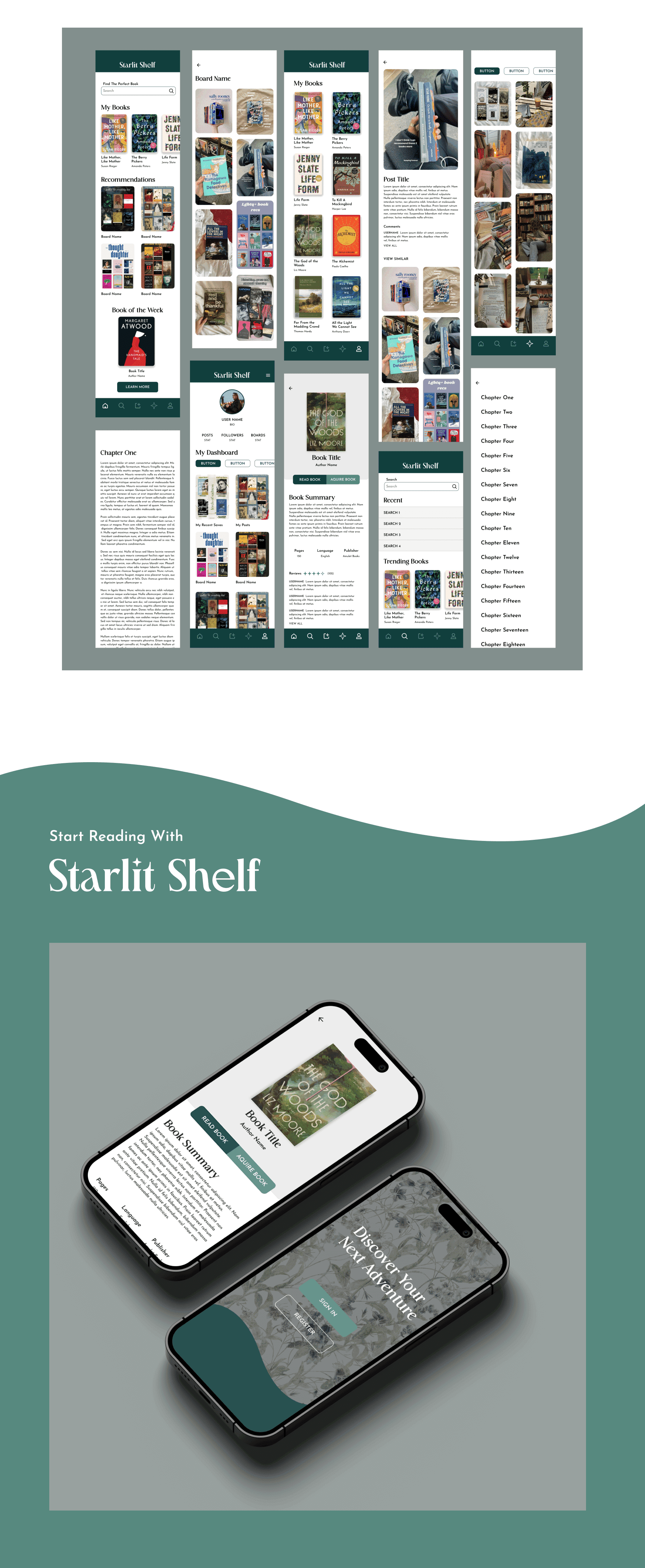 Starlit Shelf book reading app UI design.