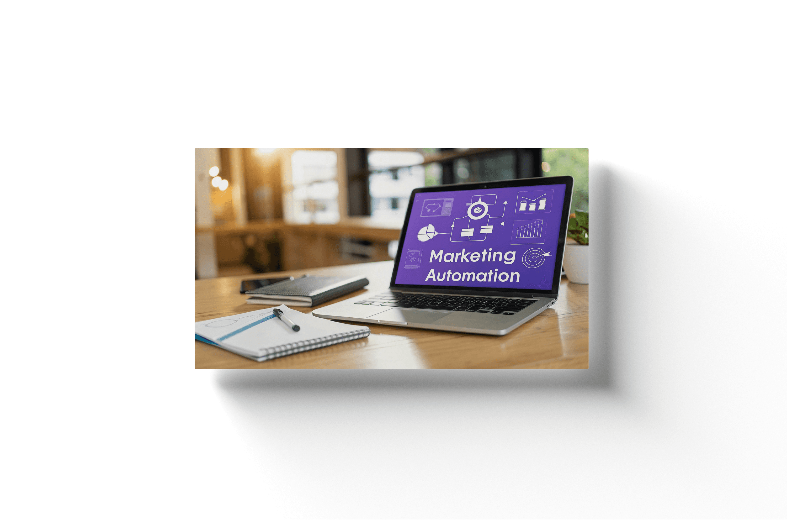 a laptop with a purple screen and text reading 'marketing automation'