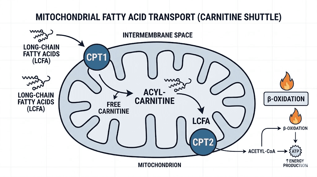 Carnitine shuttle system inside mitochondria for fat oxidation