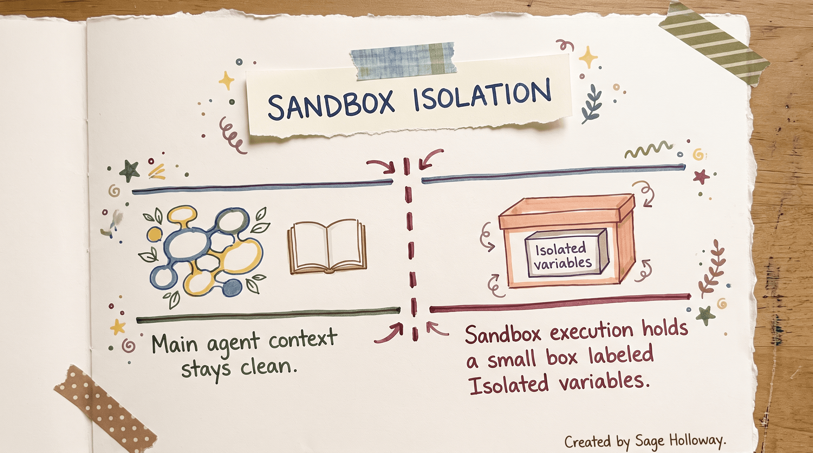 Scrapbook diagram showing sandbox execution isolated from the main agent context window
