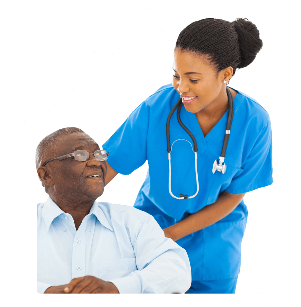 Medical doctor and patient both smiling and looking at one another, contained in a Cooper Home Health logo.