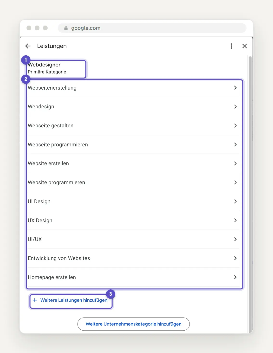 Dialog Leistungen im Unternehmensprofil mit der primären Kategorie, einer Liste einzelner Leistungen und der Schaltfläche Weitere Leistungen hinzufügen.