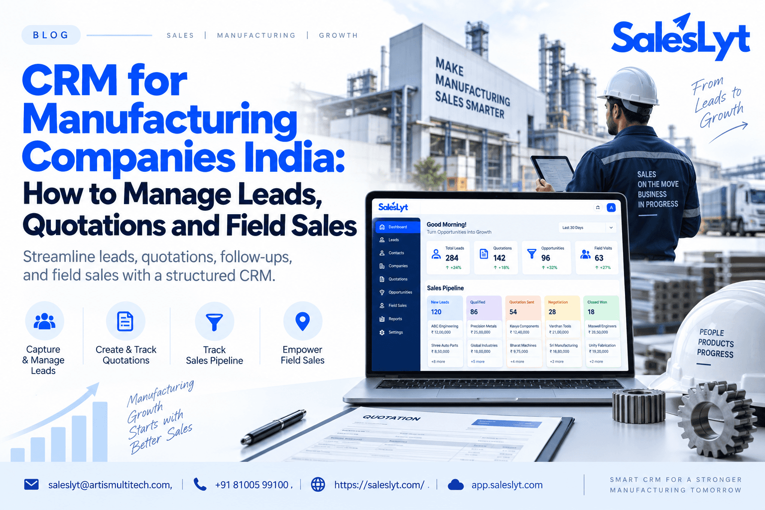 SalesLyt blog banner for CRM for Manufacturing Companies India showing a manufacturing plant, a field sales professional using a tablet, and a CRM dashboard focused on managing leads, quotations, and field sales.