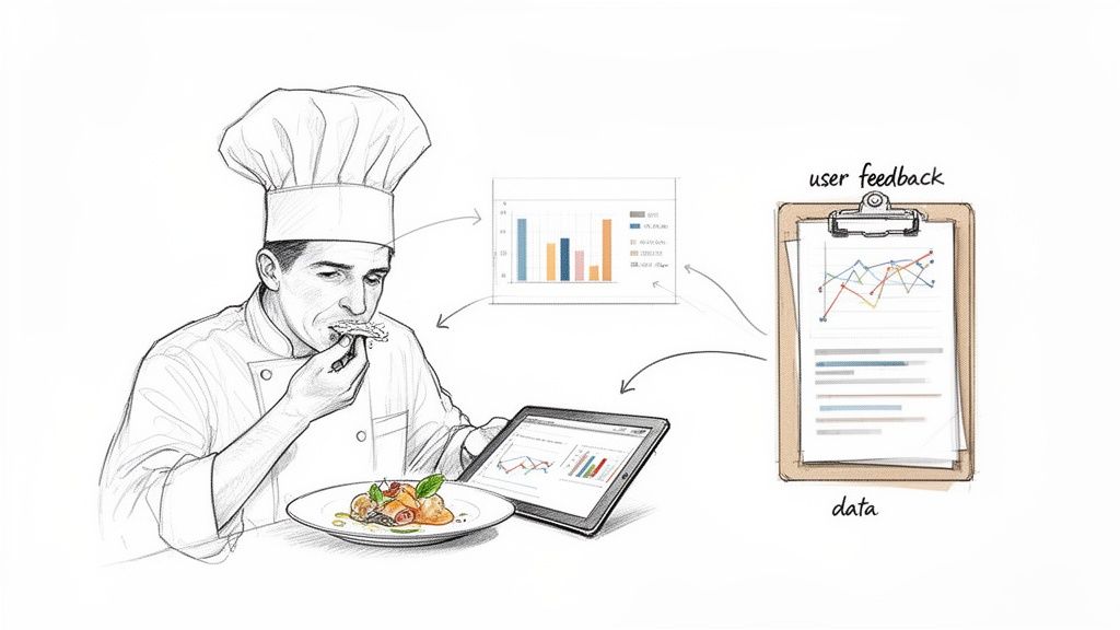 Chef tasting food, analyzing data on a tablet, and reviewing user feedback on a clipboard.