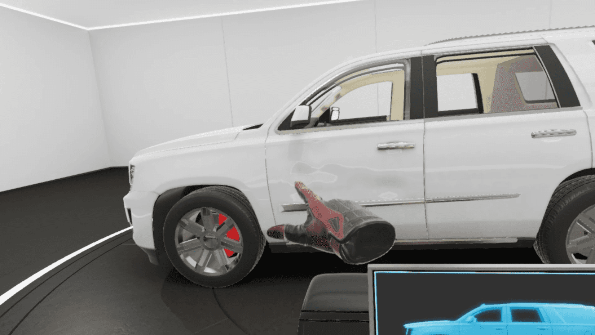VR hand pointing to shiny white car in 3d